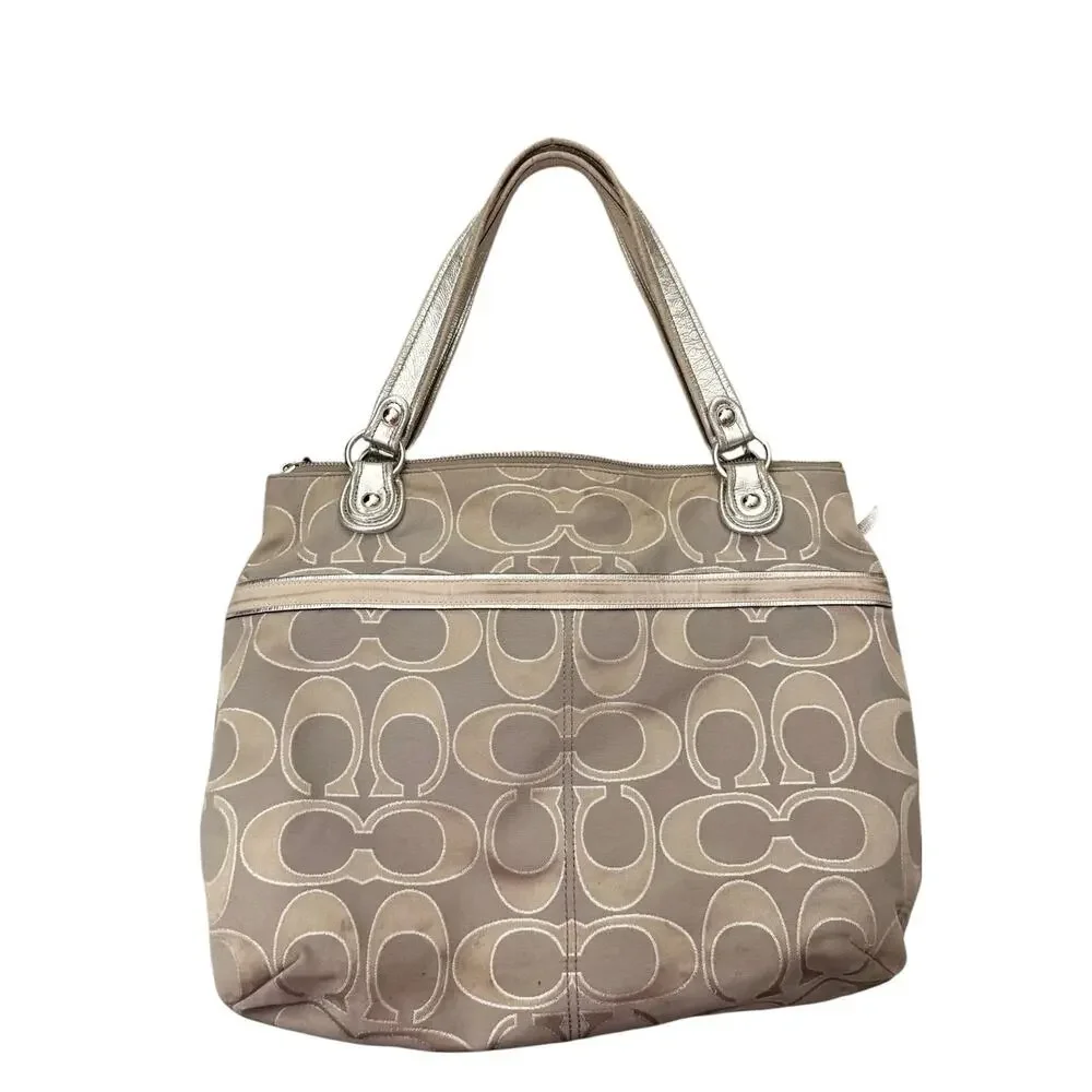 Coach Metallic Signature Jacquard Satchel Champagne Silver Tote Bag Purse - Picture 8 of 8